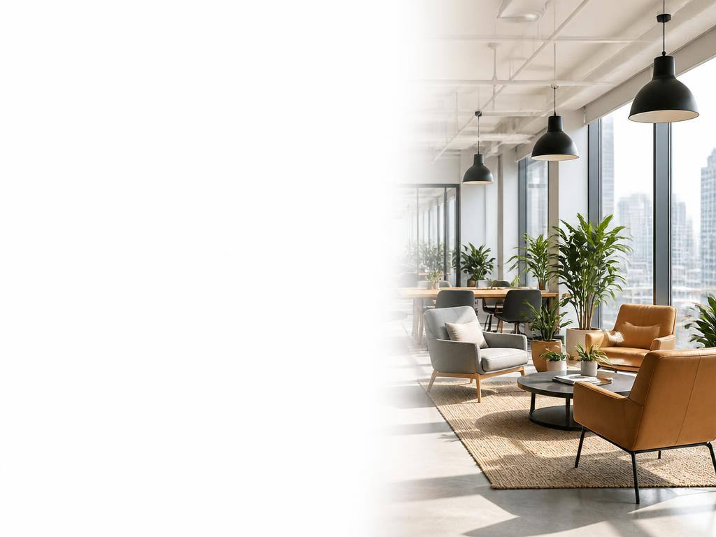 Modern coworking space with lounge seating and city views